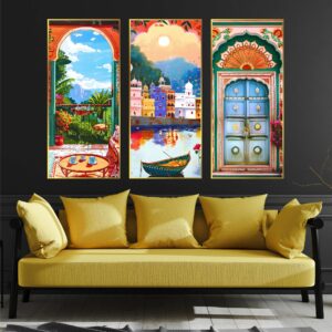 Set of Three large Wall Paintings for Wall Dacoration Golden Framed Wall Paintings for Living Room & Bedroom Wall Art for Home Decoration & Office Wall DΓ©cor (14x11 inch CH-LGD3-2)